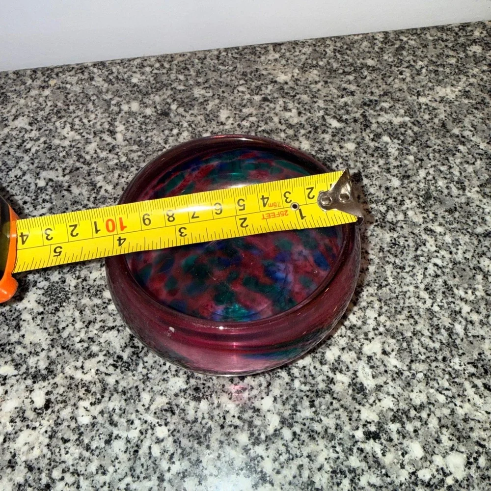 Vintage Art blown Glass Bowl Purple Teal Red Blue Blown Glass